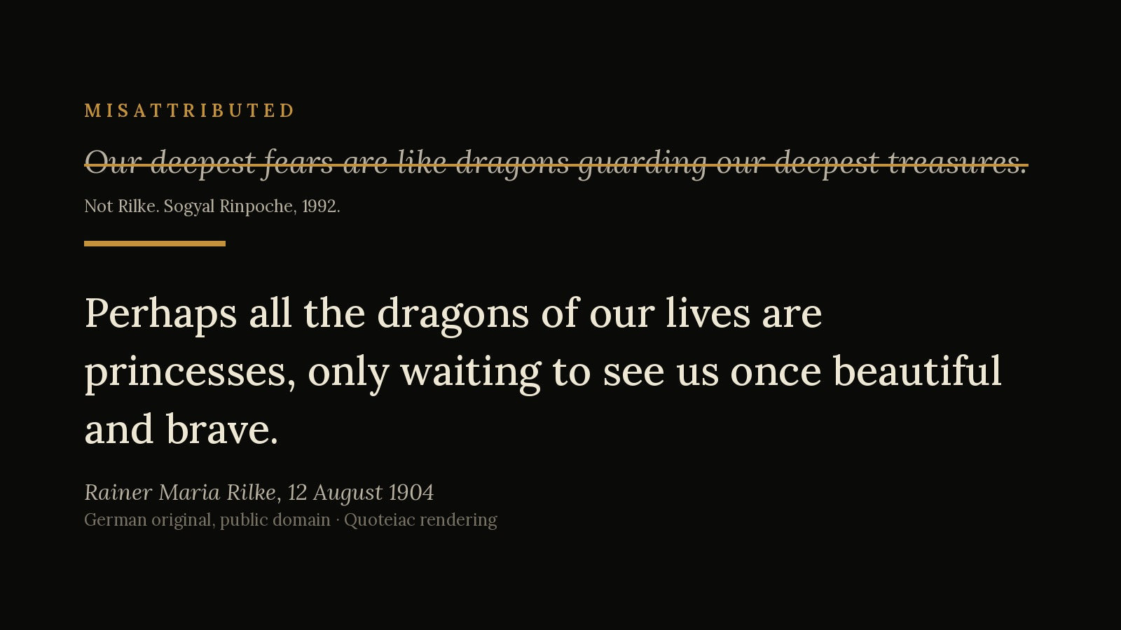Misattributed quote struck through in gold beside the verified Rilke passage from Letters to a Young Poet, 1904. Dark editorial hero image.