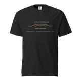 Black t-shirt, front: "…so the art of being wise is the art of knowing what to overlook." William James, split by a seam.