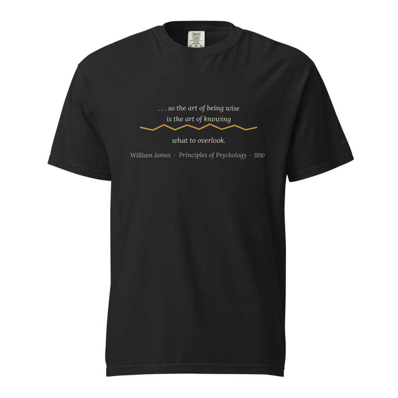 Black t-shirt, front: "…so the art of being wise is the art of knowing what to overlook." William James, split by a seam.