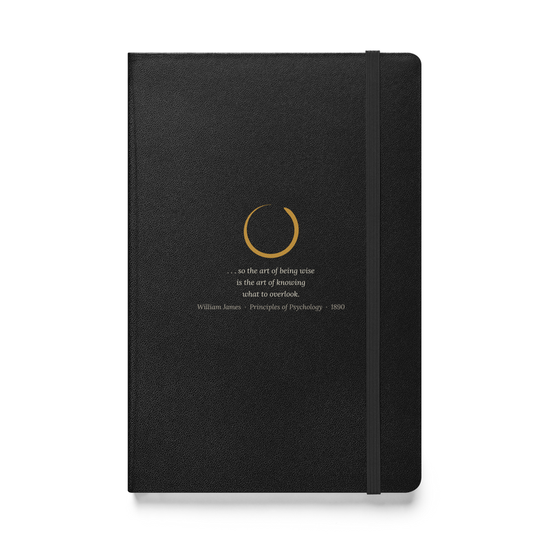 Black journal, front: "…so the art of being wise is the art of knowing what to overlook." William James, under an ensō.