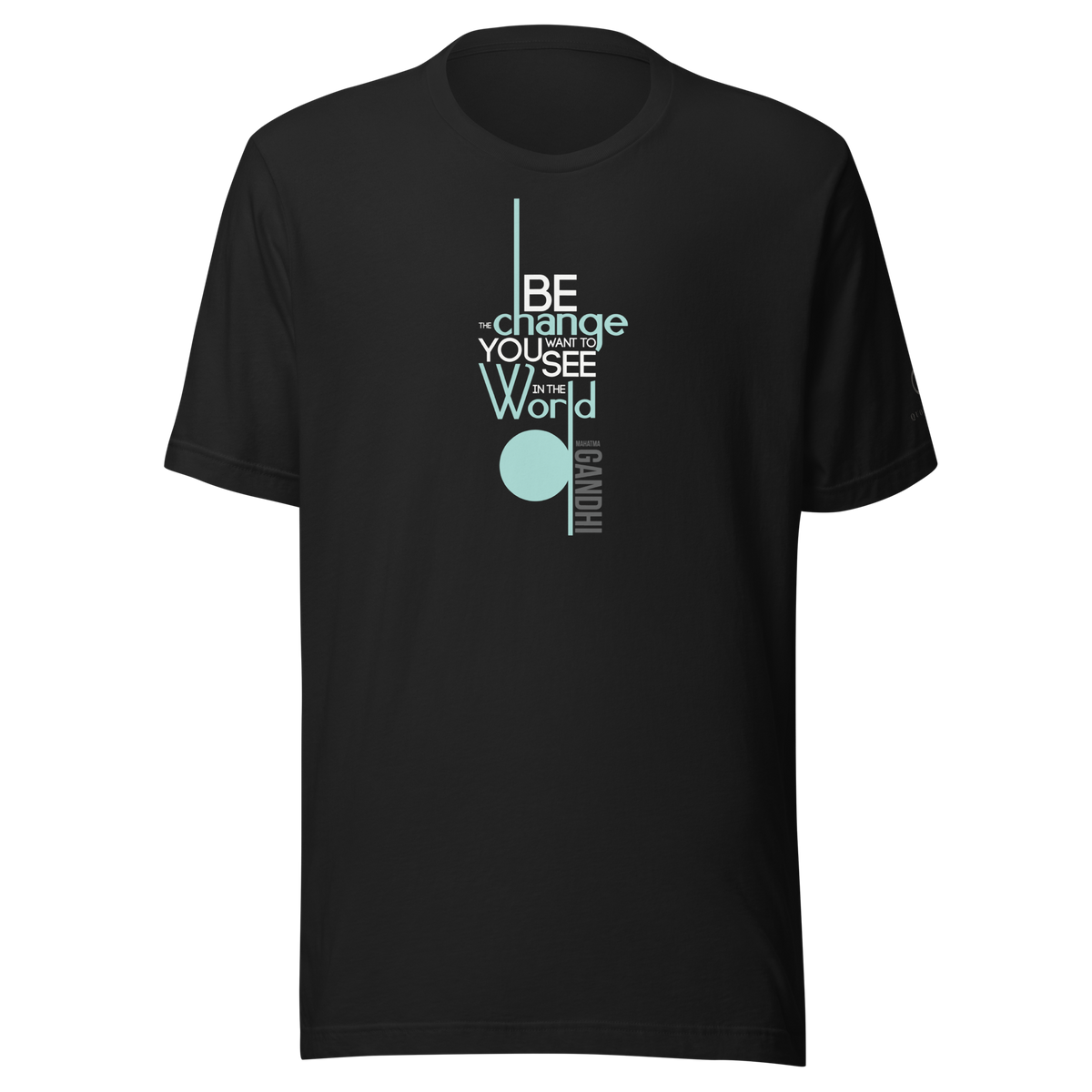 Vintage black t-shirt: Be the Change vertical typographic design with a Gandhi attribution by Quoteiac