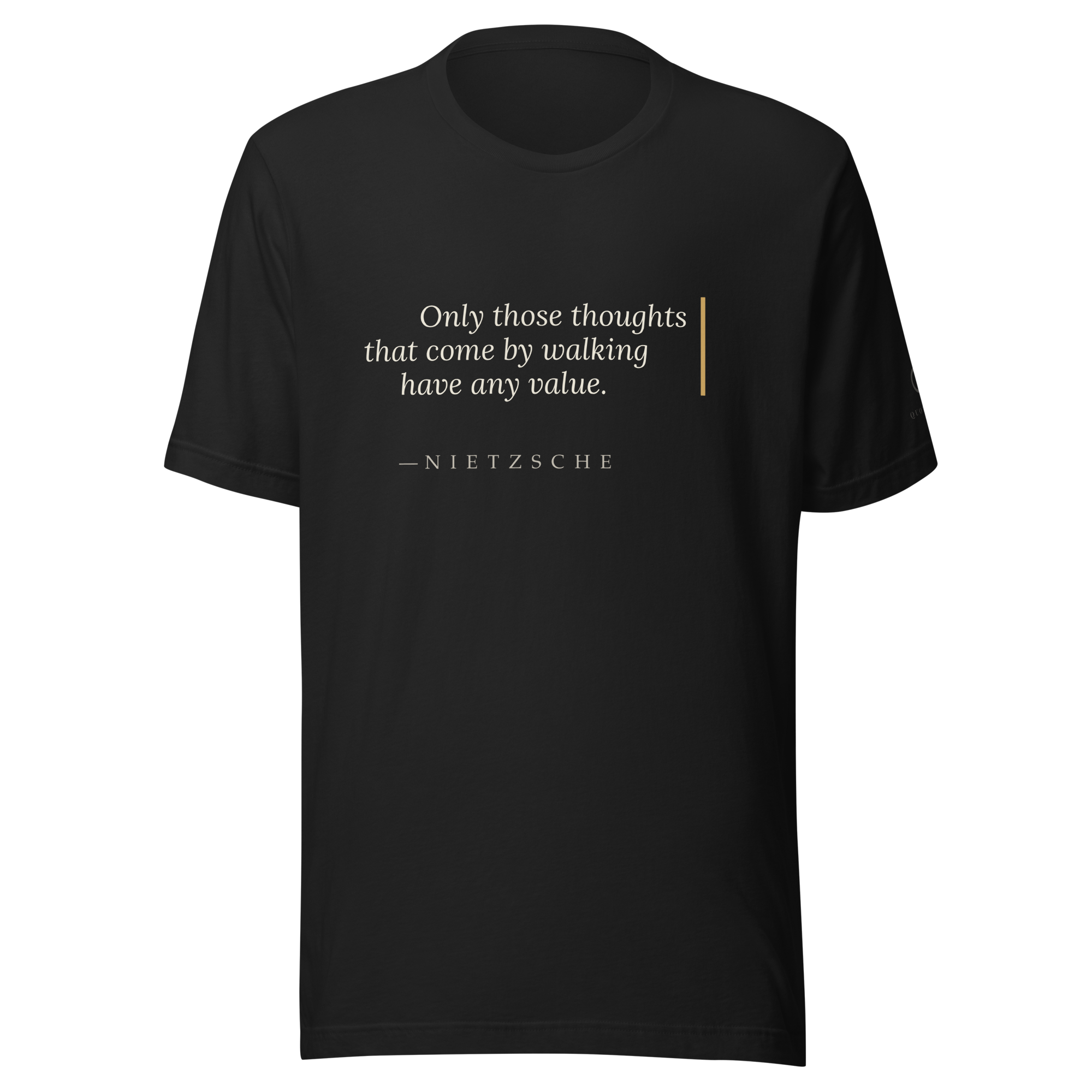 By Walking — Nietzsche Twilight T-Shirt — fukinsei asymmetry design with warm burnished rule — black — front view