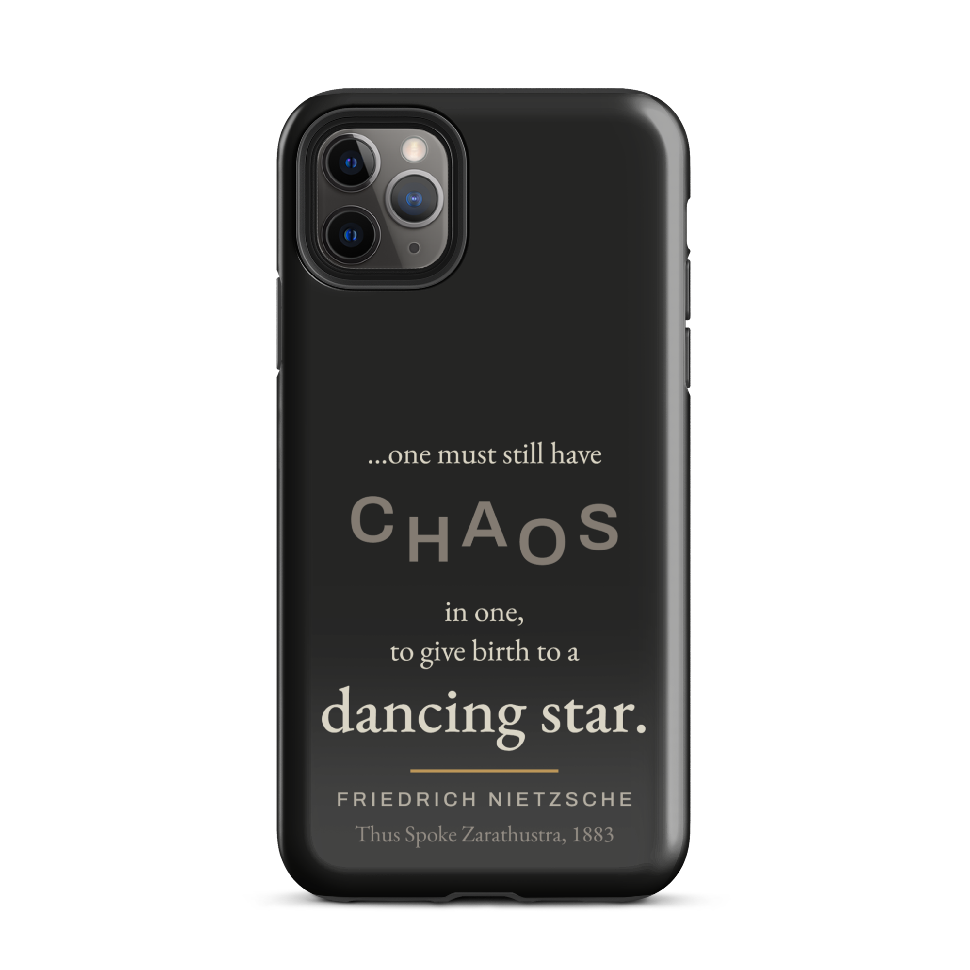 Dancing Star Nietzsche Zarathustra Phone Case — chaos in one to give birth to a dancing star — black — iPhone 12 front view