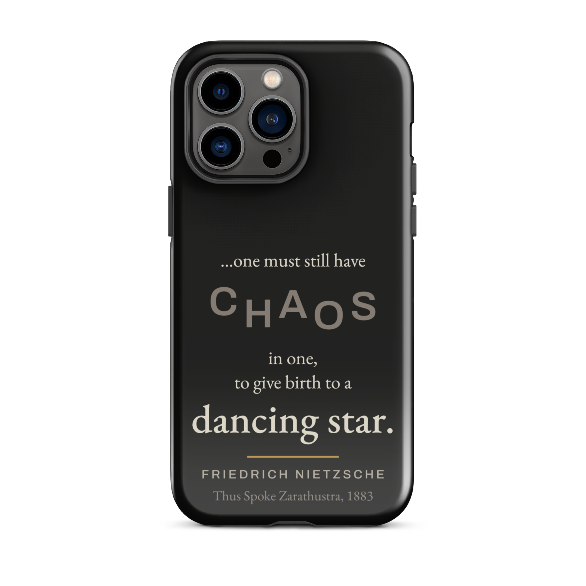Dancing Star Nietzsche Zarathustra Phone Case — CHAOS Nietzsche quote — black — iPhone model variant 15
