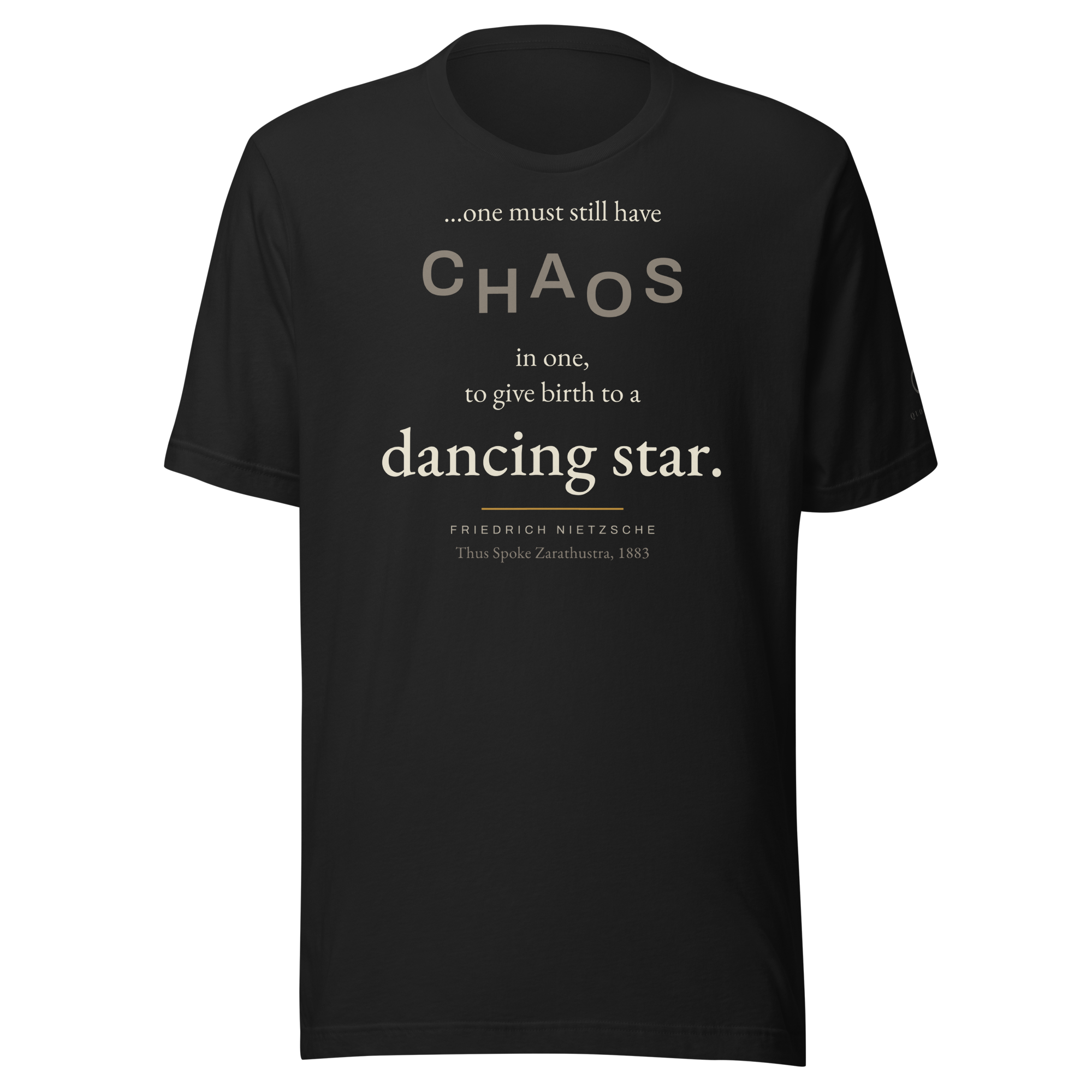 Dancing Star Nietzsche Zarathustra T-Shirt — CHAOS design with dancing star in cream and gold — vintage black — front view