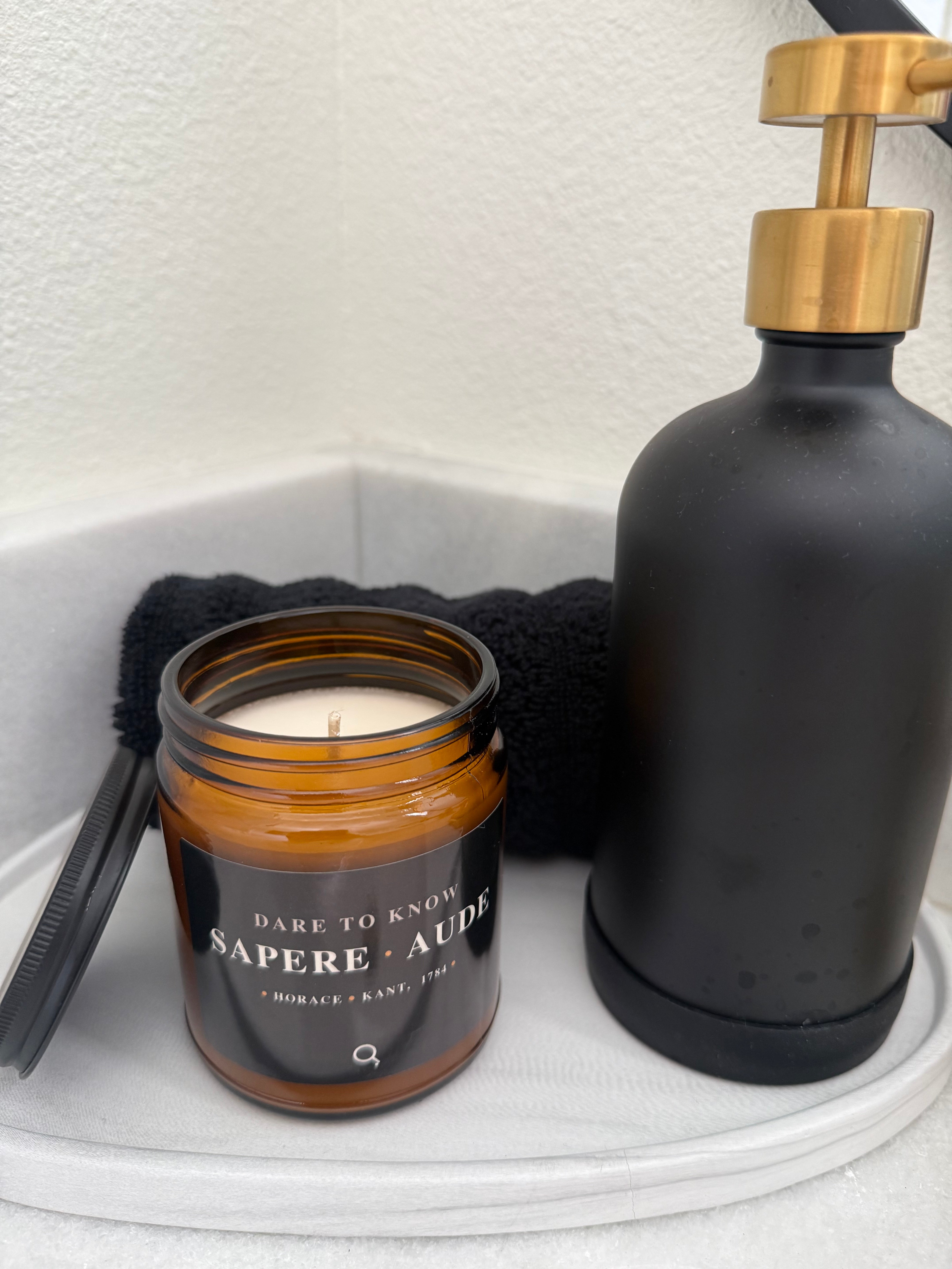 Sapere Aude Horace Quote Candle-amber jar black lid and label