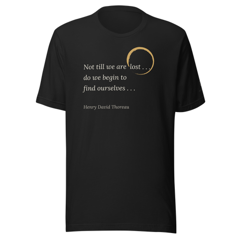 Find Ourselves Tee — Henry David Thoreau — Zen enso circle with Walden quote — black — front view