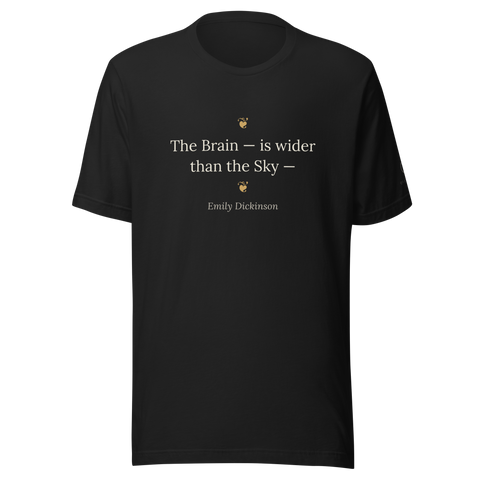 Fleur de Brainiac Tee — Emily Dickinson — Victorian hedera ornaments framing Brain quote — black — front view