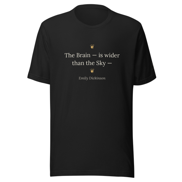 Fleur de Brainiac Tee — Emily Dickinson — Victorian hedera ornaments framing Brain quote — black — front view