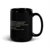 Black mug, handle on the right: “To see a World in a Grain of Sand…” William Blake.