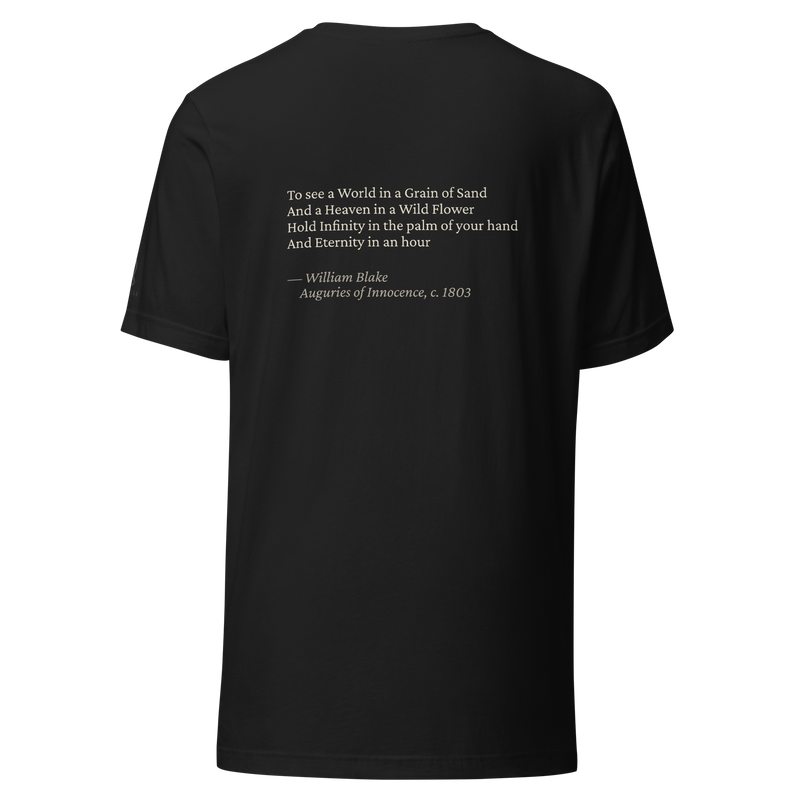 Black t-shirt, back: “To see a World in a Grain of Sand…” William Blake, four lines.