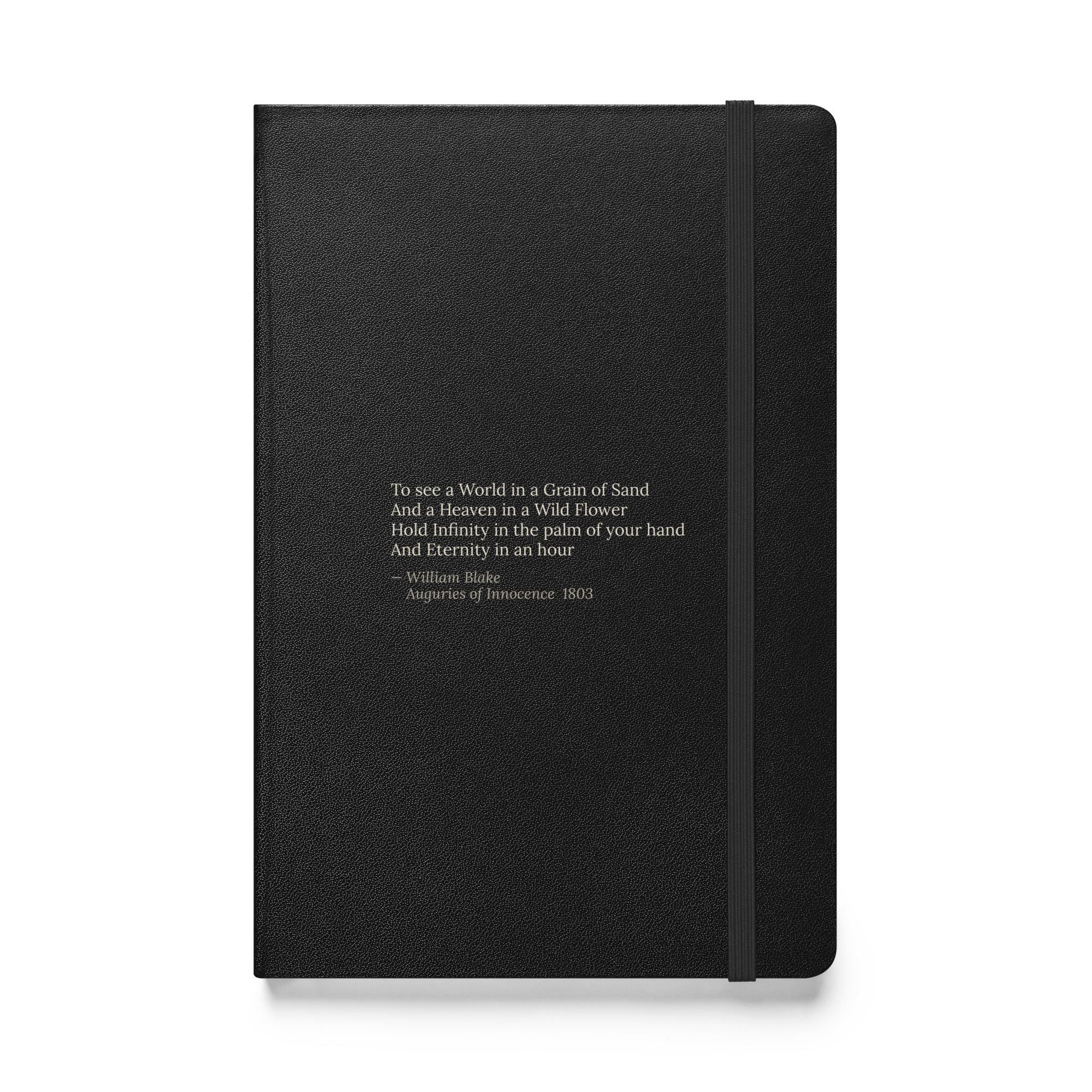 Grain of Sand Journal — William Blake — Auguries of Innocence four lines on black hardcover — front view