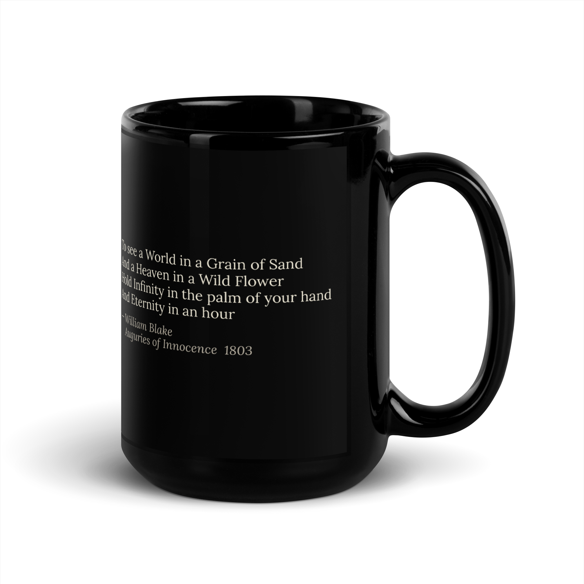 Grain of Sand Mug — William Blake — Auguries of Innocence four lines on black glossy 15 oz — 