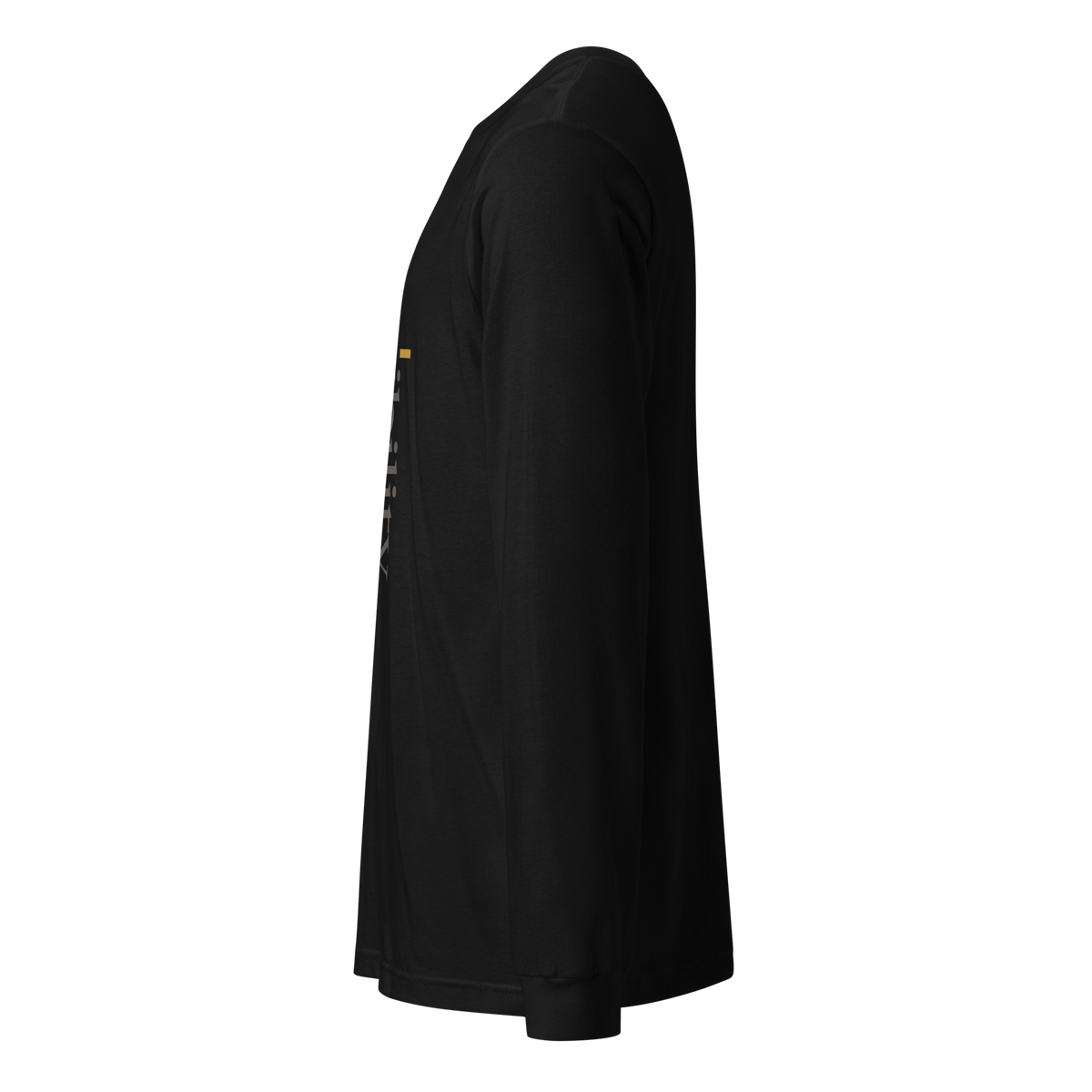 Black long sleeve tee, left side view: the edge of the design.
