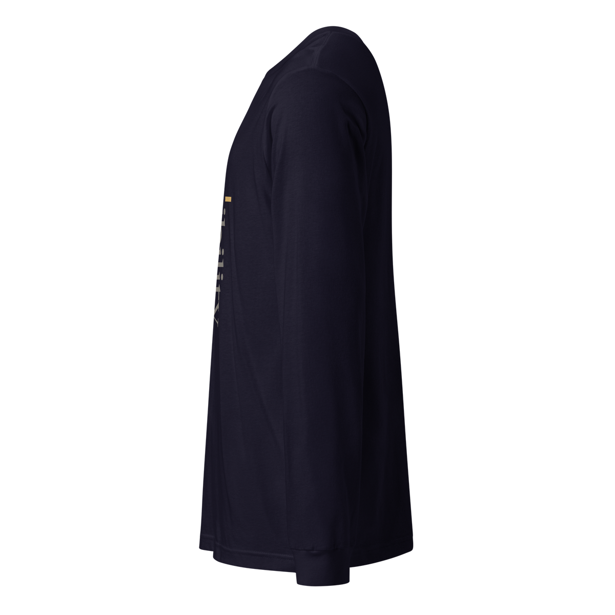 Navy long sleeve tee, left side view: the edge of the design.