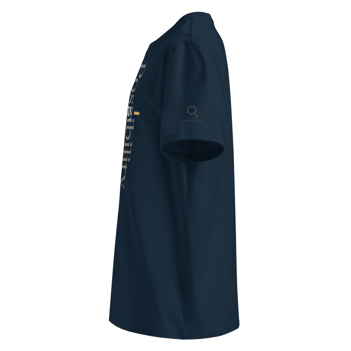 Navy organic tee, left side view: the edge of the design and the Quoteiac logo on the sleeve.