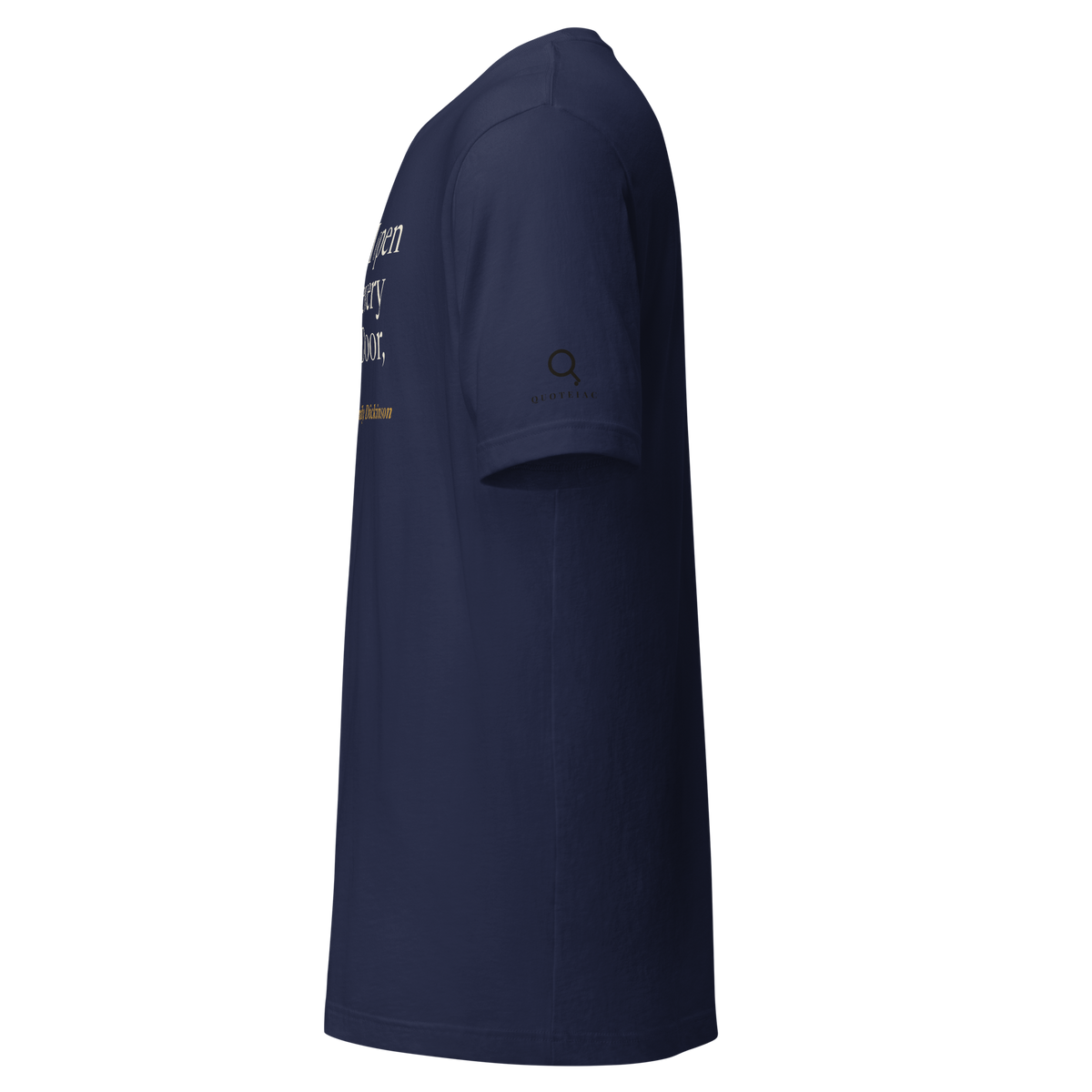 Navy tee, left side view: the edge of the quote and the Quoteiac logo on the sleeve.