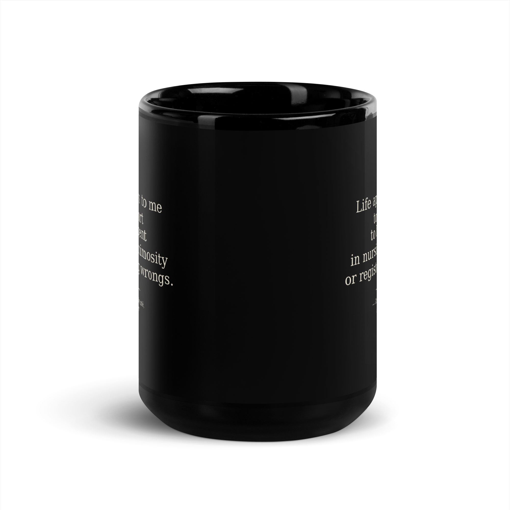 Life Too Short Mug — Charlotte Brontë — alternate view — glossy black ceramic — 15 oz