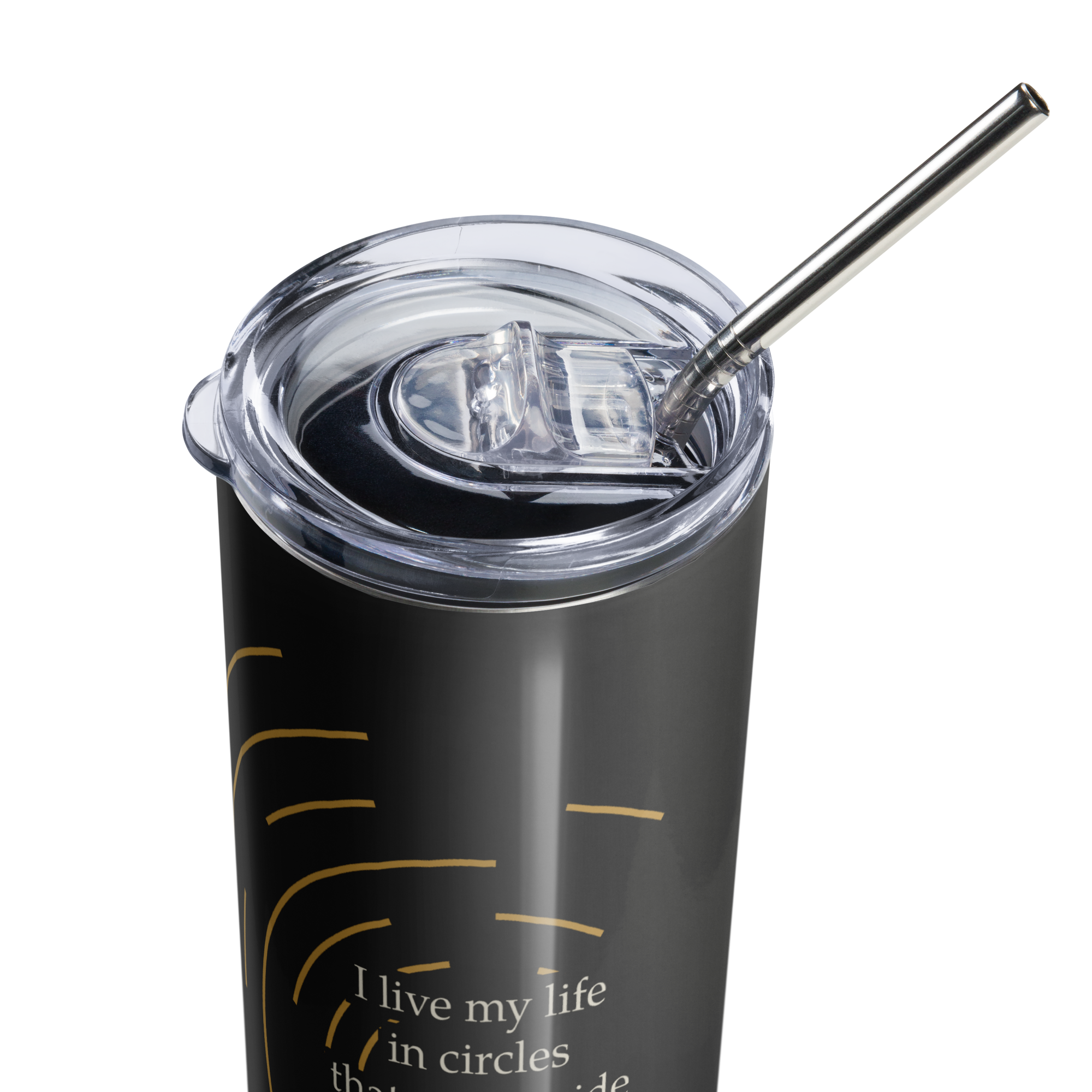 Life in Circles — Rilke Quote Tumbler — warm burnished arcs and quote detail — close-up