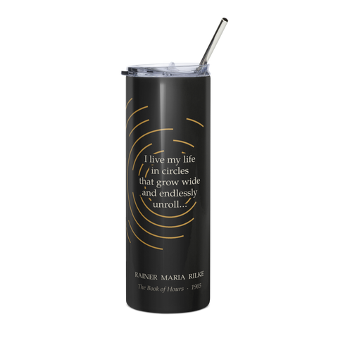 Life in Circles — Rilke Quote Tumbler — concentric arc design — black — front view