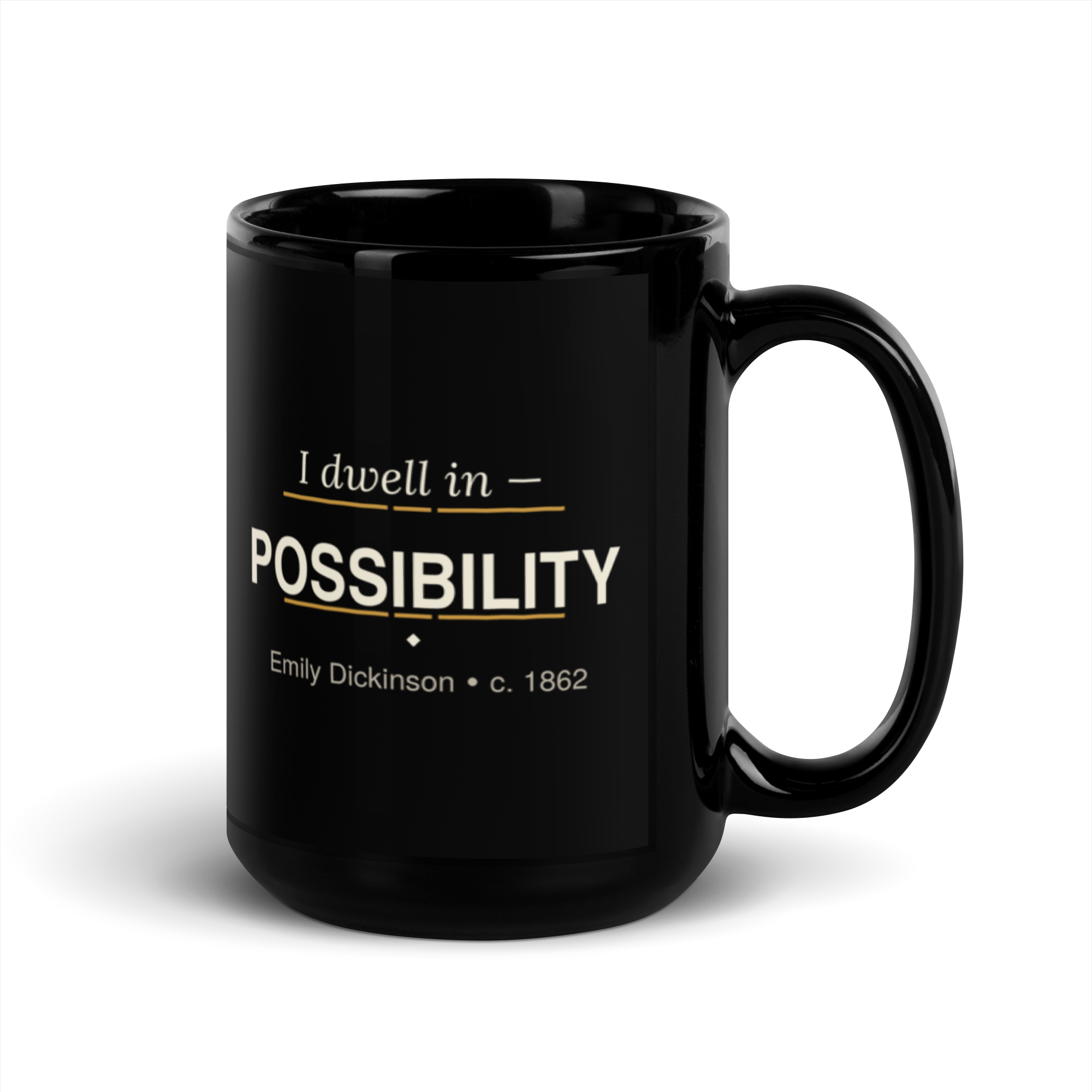 Possibility — Emily Dickinson — mug — curious mind — black — front — Quoteiac