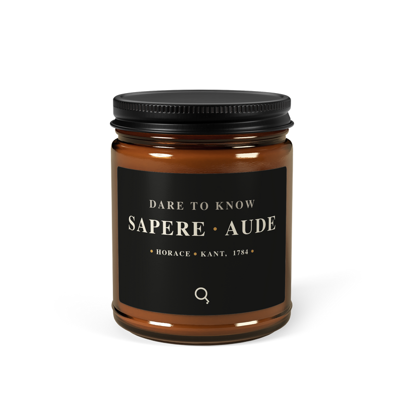 Amber glass candle with a black lid. Label: DARE TO KNOW, SAPERE · AUDE, Horace · Kant · 1784.
