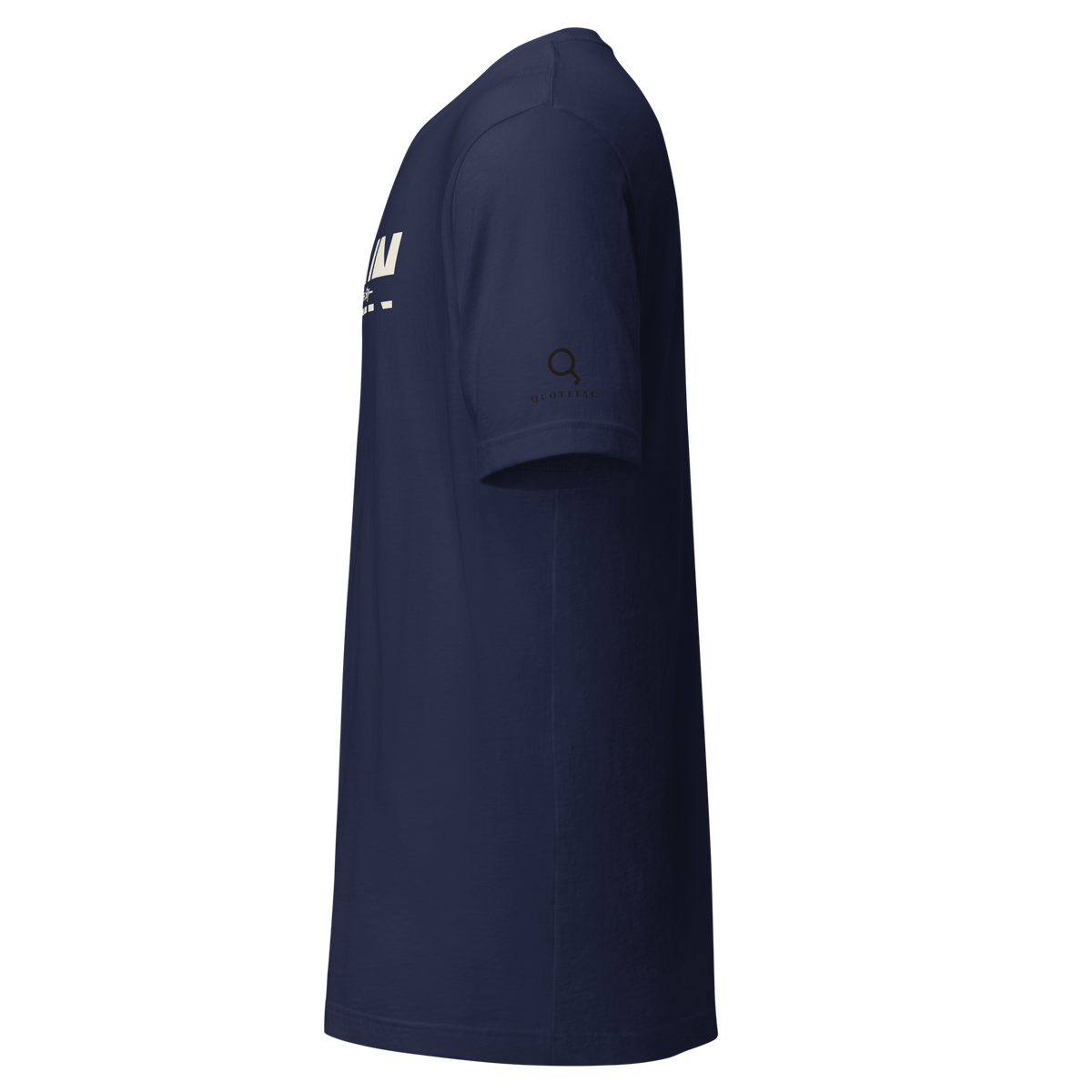 Navy tee, left side view: the edge of the quote and the Quoteiac logo on the sleeve.