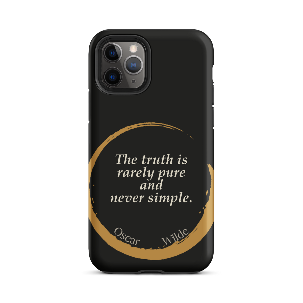 Black phone case, back view: "The truth is rarely pure and never simple" by Oscar Wilde, inside an enso brushstroke that wraps around the edge of the case.