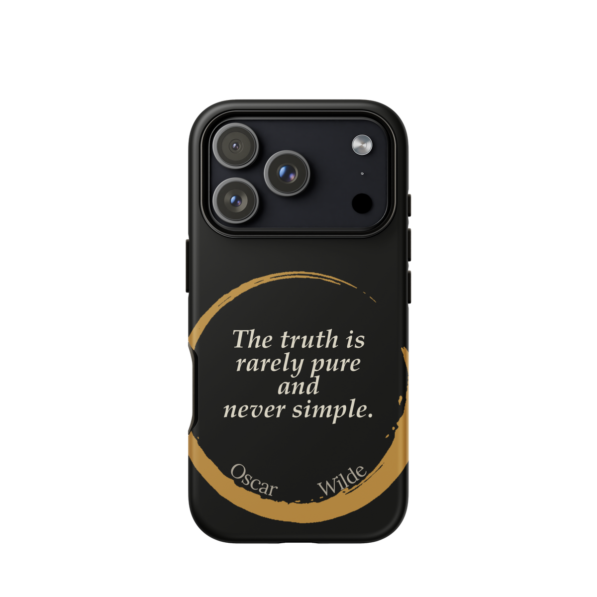 Black phone case for iPhone 17 Pro: “The truth is rarely pure and never simple.” Oscar Wilde.