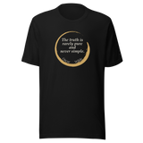 Black t-shirt, front: "The truth is rarely pure and never simple." Oscar Wilde, inside an open ensō.