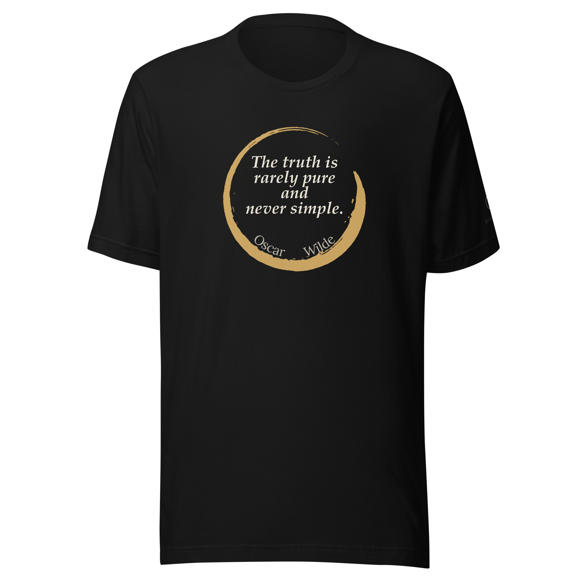 Black t-shirt, front view: "The truth is rarely pure and never simple" by Oscar Wilde, inside an enso brushstroke circle on the chest.