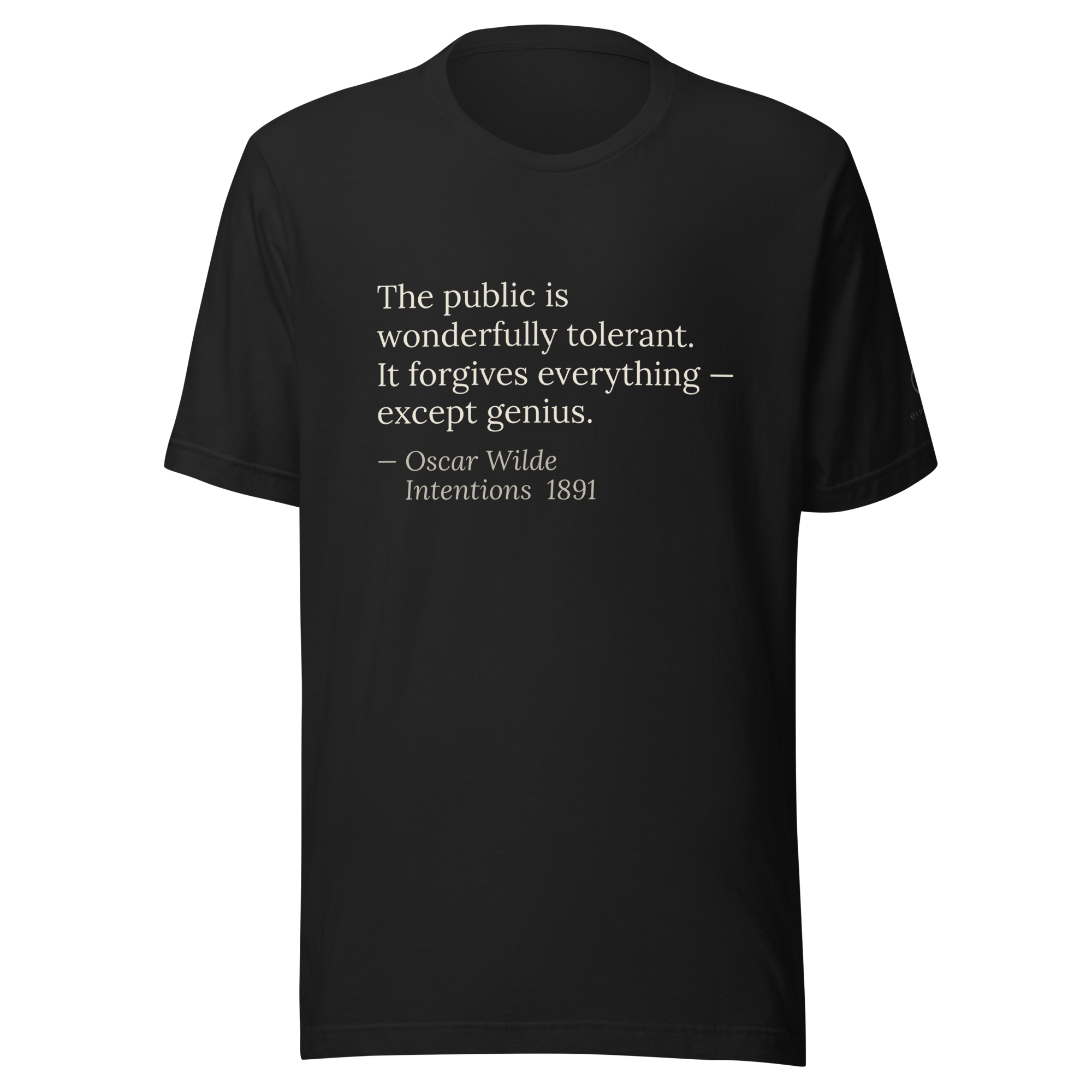 The Genius Exception Tee — Oscar Wilde — The public forgives everything except genius — vintage black — front view