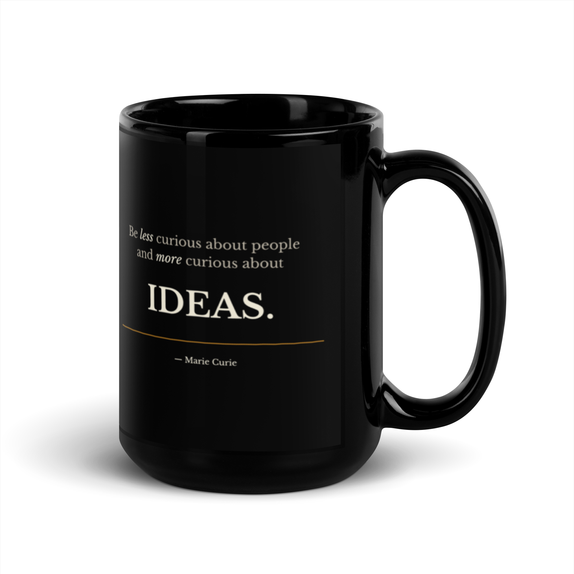 The Ideas Mug — Marie Curie — IDEAS. black gloss ceramic — right handle view