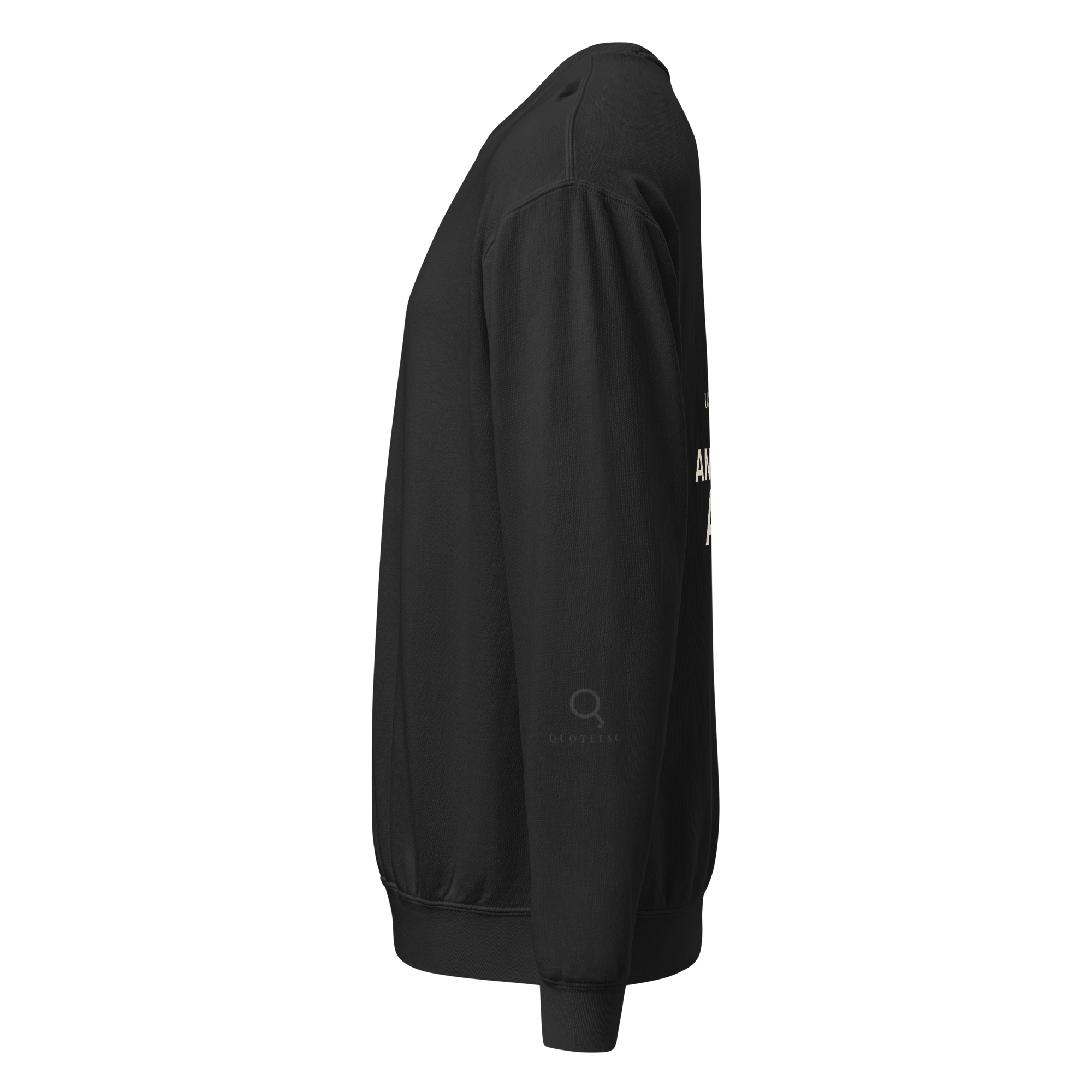 Trailmaker Sweatshirt — Muriel Strode — Quoteiac logo on left sleeve — black — side view