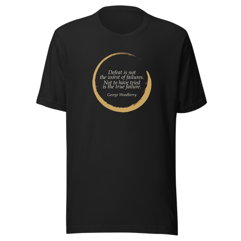 True Failure — Woodberry Literary Tee — black tee with hand-brushed gold ensō circle and Woodberry quote 