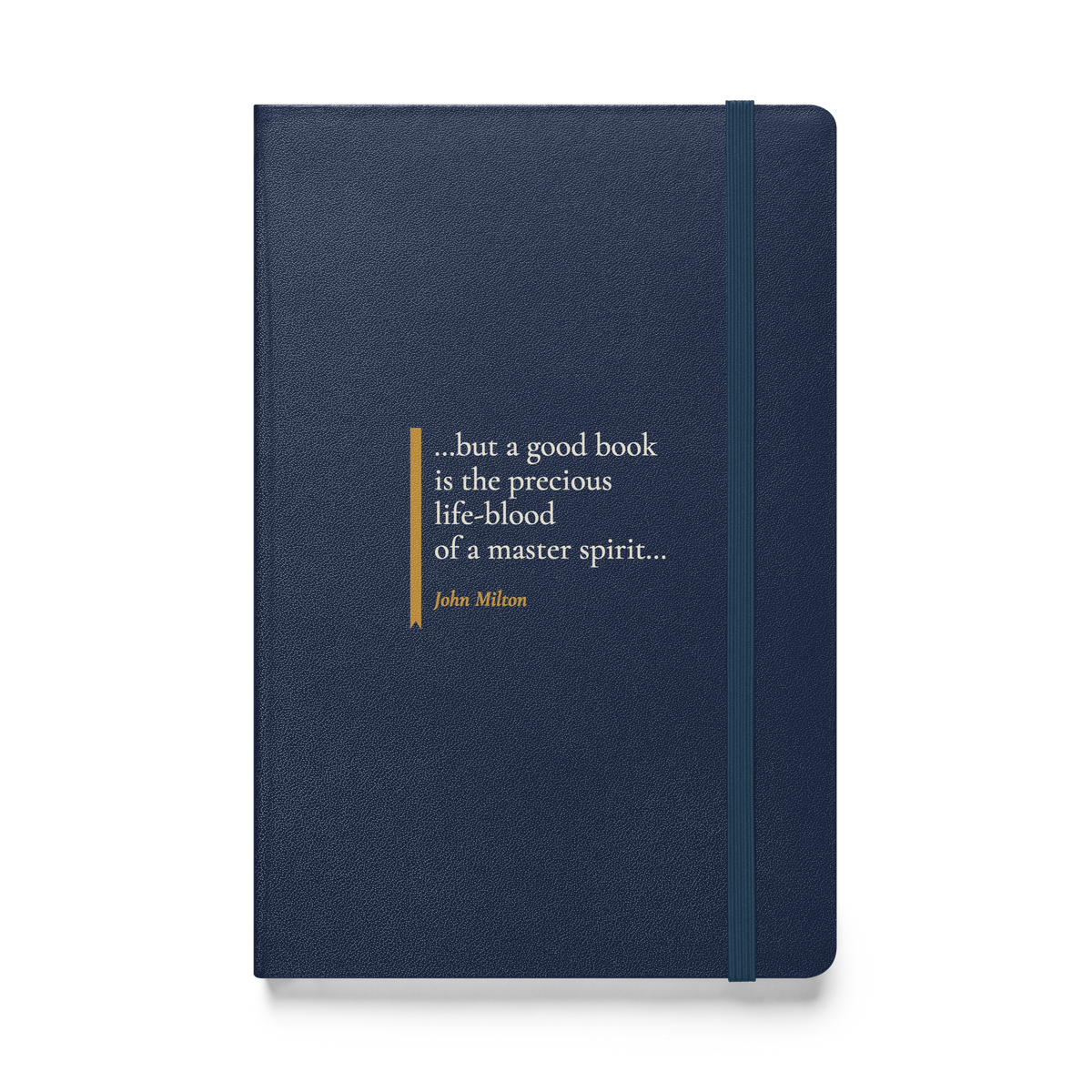 Navy journal, front: “…but a good book is the precious life-blood of a master spirit…” John Milton, beside a ribbon.