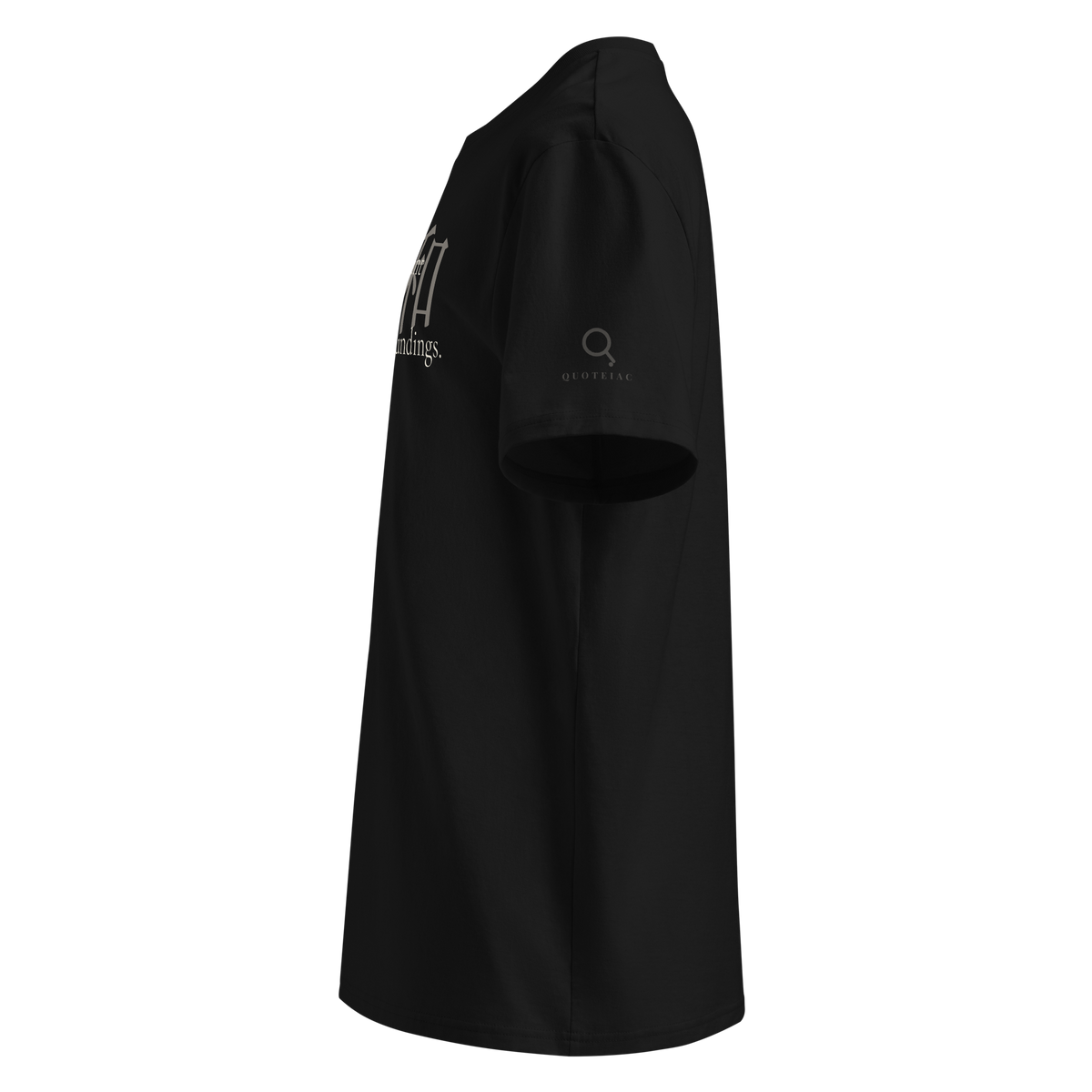 Black organic t-shirt, left side view: the Quoteiac logo on the sleeve.