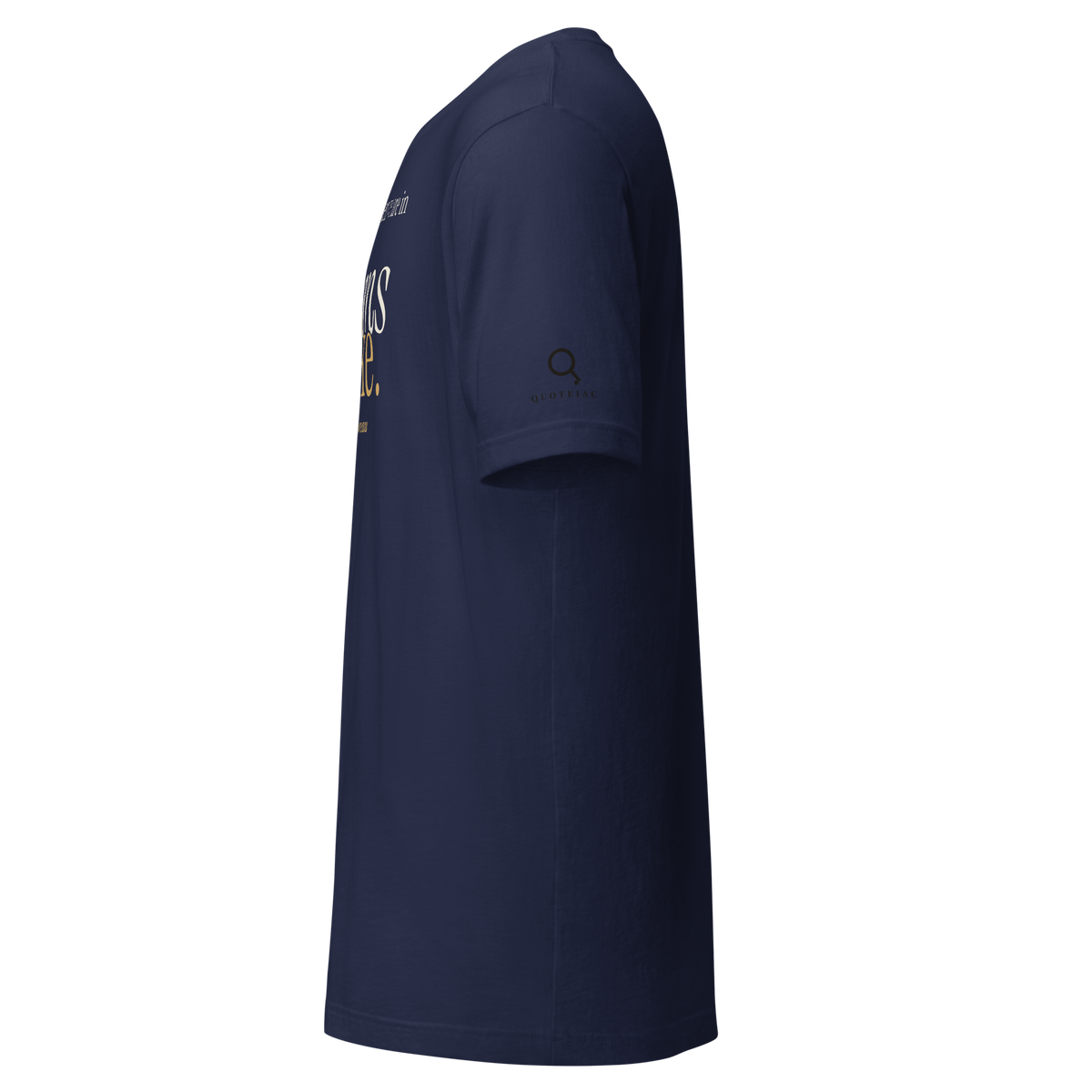 Navy t-shirt, left side view: the Quoteiac logo on the sleeve.