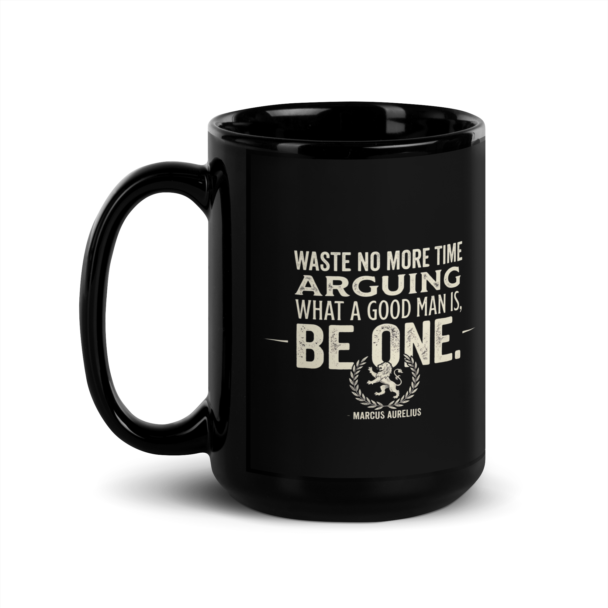 Waste No More Time Mug — Marcus Aurelius — literary drinkware — side view
