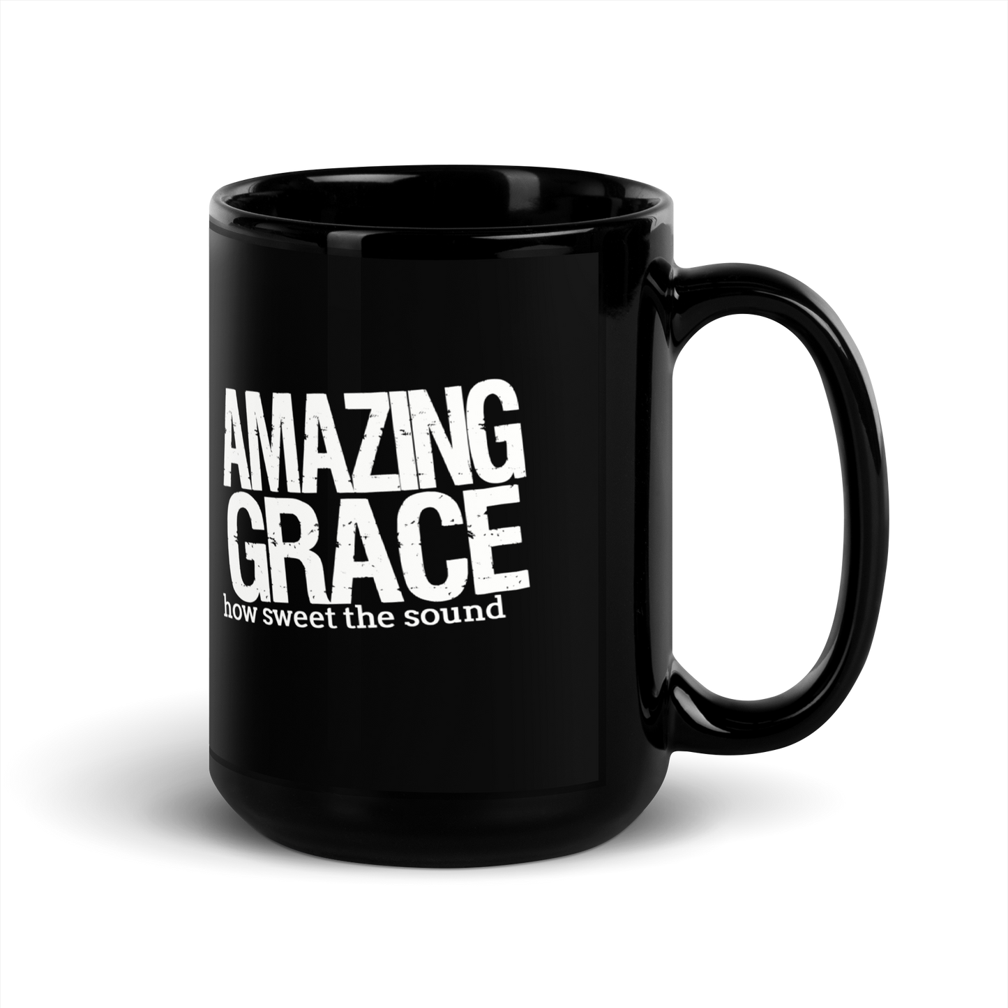 black ceramic mug with amazing grace print