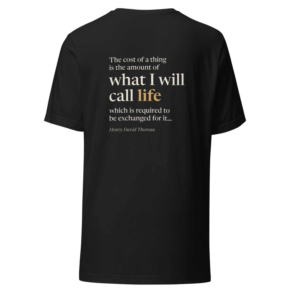 Vintage black t-shirt, back: “The cost of a thing is the amount of what I will call life…” Henry David Thoreau.