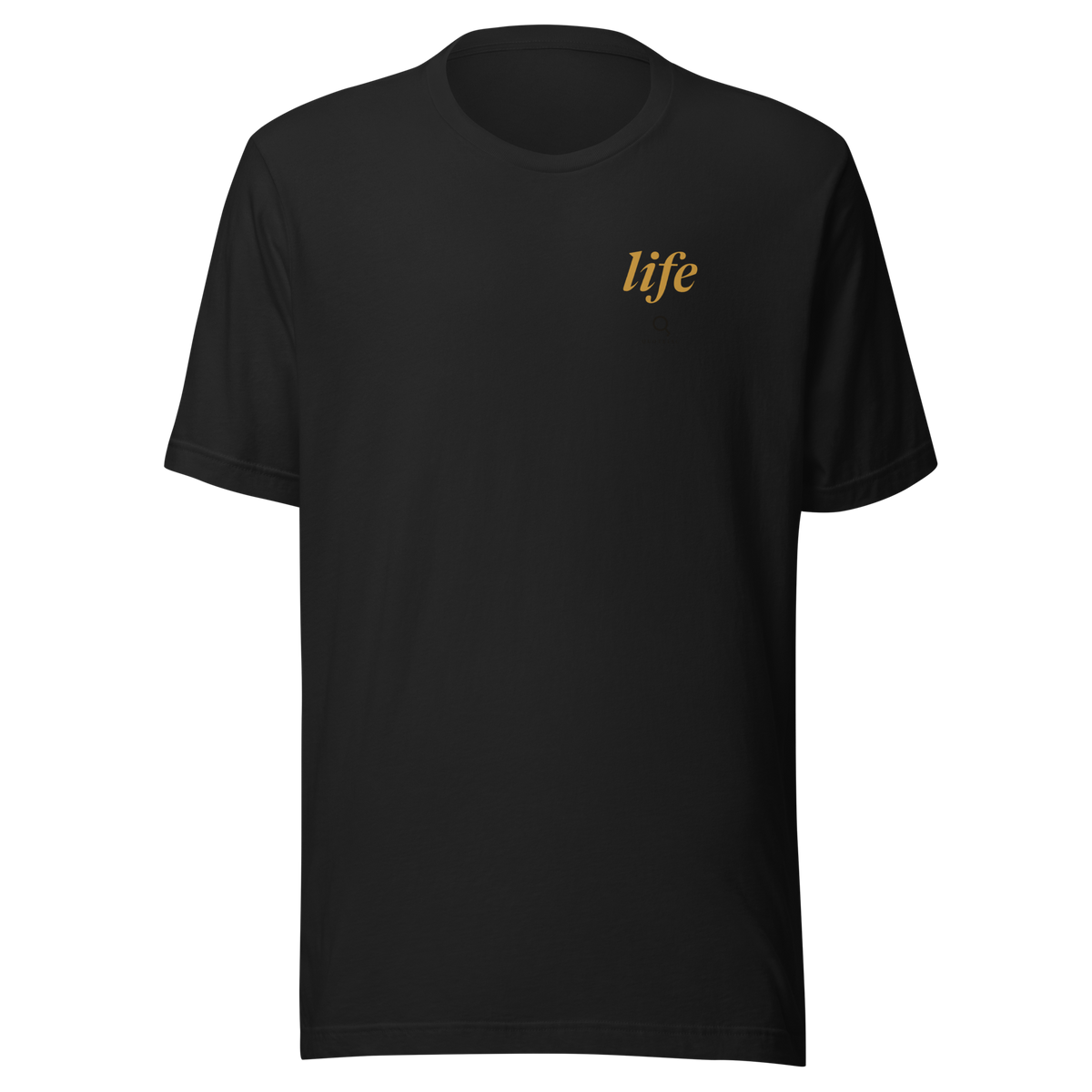 Vintage black t-shirt, front: the word “life” in warm matte gold on the left chest, with the Quoteiac logo beneath it.
