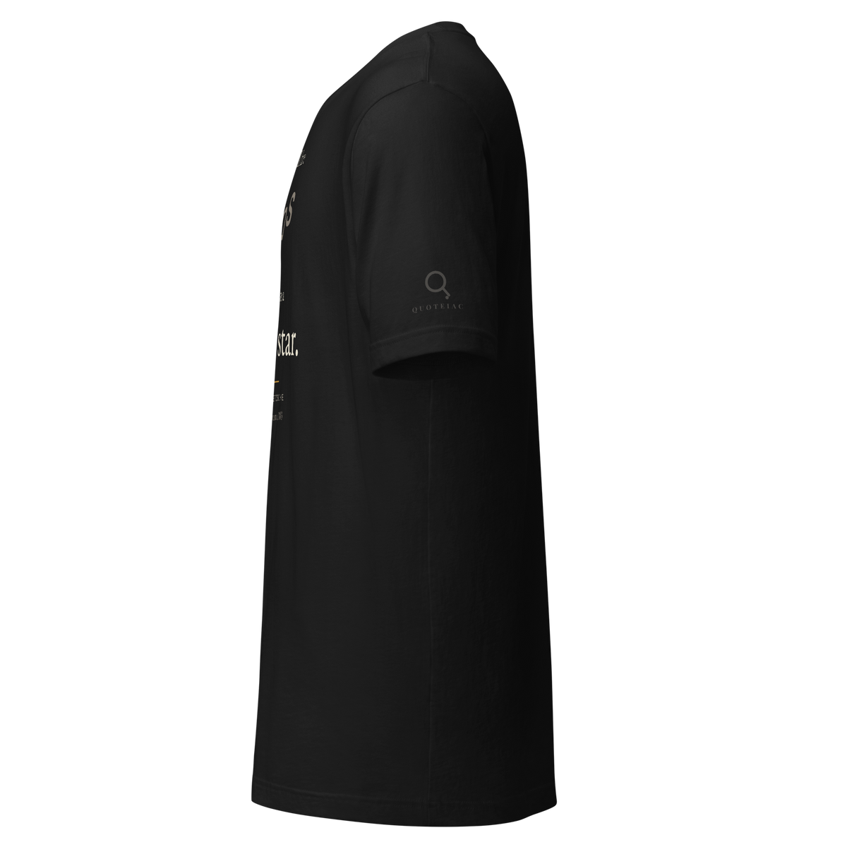 Black t-shirt, left side view: the Quoteiac logo on the sleeve.
