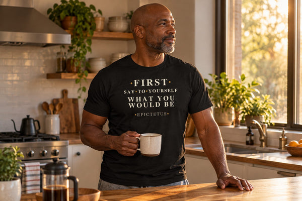 Man in a kitchen wearing the Epictetus Declaration tee.