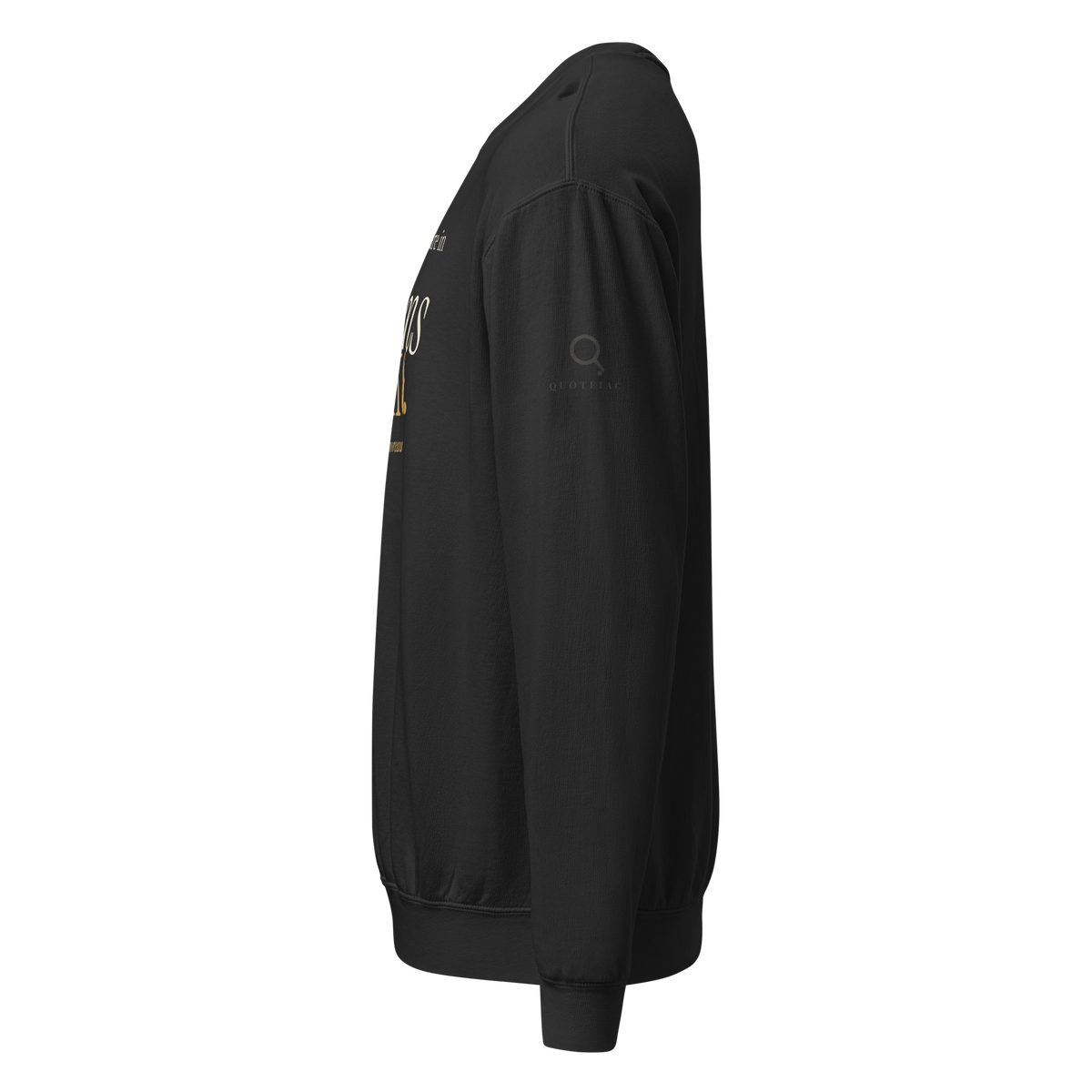 Black sweatshirt, left side view: the Quoteiac logo on the sleeve.