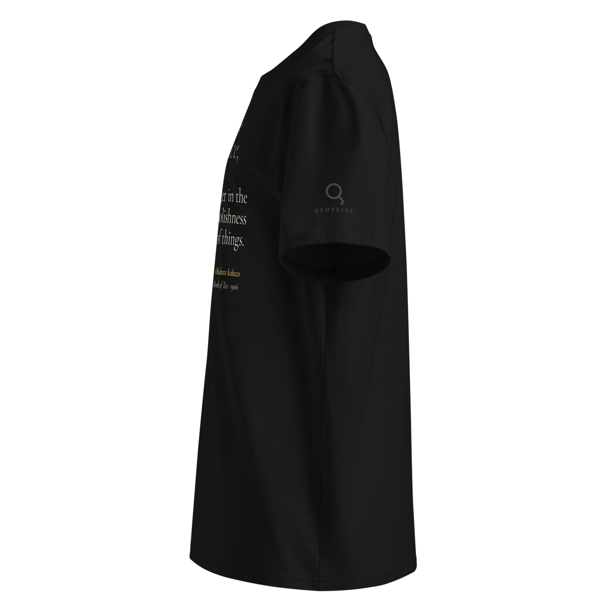 Black organic t-shirt, left side view: the Quoteiac logo on the sleeve.
