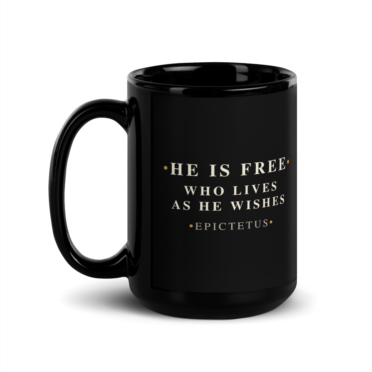 Black mug, handle on the left, showing the same Epictetus line from the Discourses.