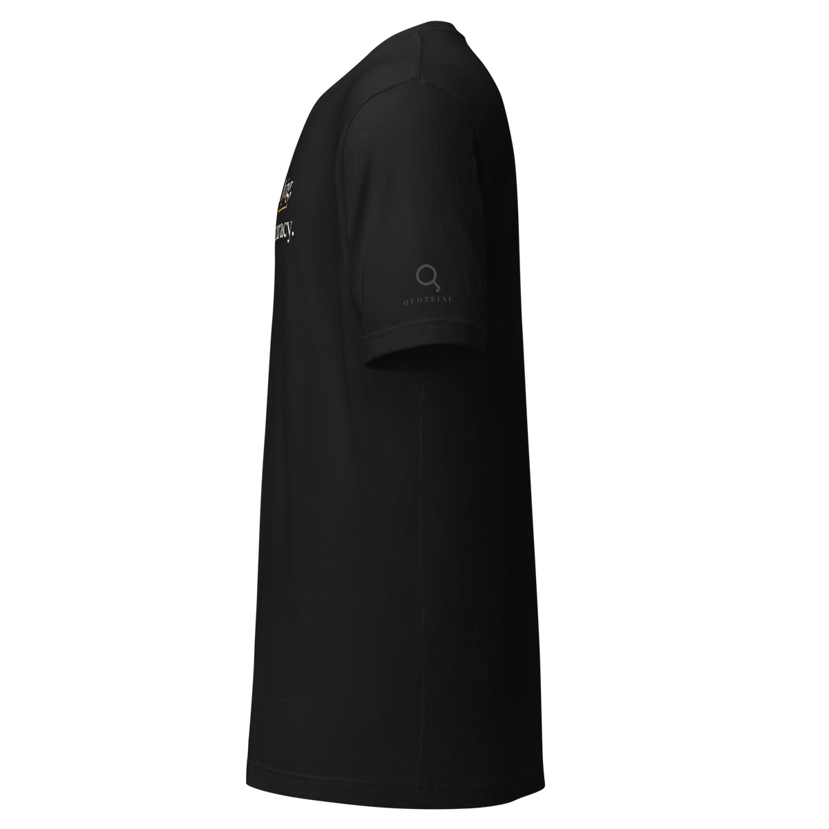 Black t-shirt, left side view: the Quoteiac logo on the sleeve.