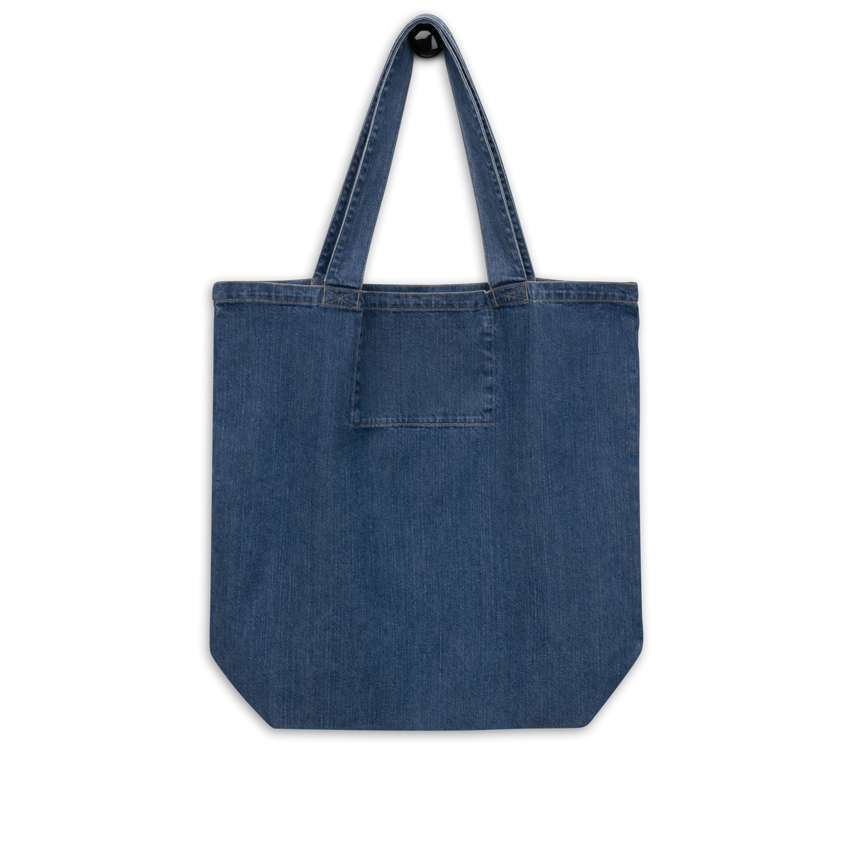 Indigo denim tote bag, back: plain denim, no print.