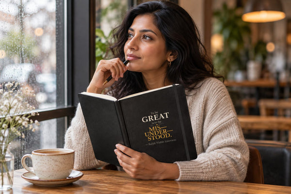 Person at a café table with the Emerson Misunderstood journal.